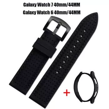 Чехол+ремешок для Samsung Galaxy Watch 7 44/40 мм, Watch 6 44/40 мм силиконовый официальный ремешок защитный чехол для ПК бампер чехол для ПК Galaxy Watch 6 44mm серебряный/чёрный