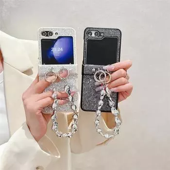 Чехол-ремешок для телефона с бриллиантовым сверкающим порошком для Samsung Galaxy Z Flip 6 5 4 3 Flip6 Flip5 Flip4 Flip3 5G 5G Защитный чехол For Galaxy Z Flip5 белый