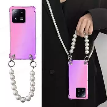Чехол-ремешок для телефона с цепочкой из жемчуга через плечо для Xiaomi 14T Pro 14 CIVI 13T 14 13 Lite Ultra Redmi 14C Прозрачный градиентный противоударный силиконовый чехол Xiaomi 14T