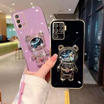 Чехол Reno5lite Glitter Astronaut Holder с покрытием из силикона для Oppo Reno 5 6 7 8 Lite 5lite 8t Reno7 A54 A74 4g 5g с ремешком Reno 5 Lite