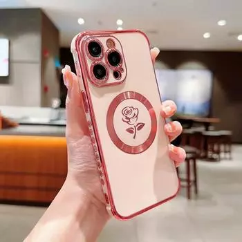 Чехол с 6D покрытием и боковой рамкой в виде розы для iPhone 15 14 Plus 11 13 12 Pro Max, противоударный силиконовый магнитный чехол с беспроводной зарядкой for iPhone 11