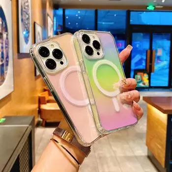 Чехол с беспроводной зарядкой для iPhone 15, 14, 13, 12, 11 Pro Max Plus, магнитный чехол для Magsafe, прозрачный мягкий чехол с градиентом цвета for iPhone 11 разноцветный
