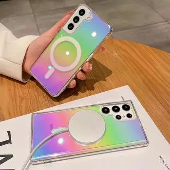 Чехол с беспроводной зарядкой для Samsung Galaxy S23 S22 Ultra Plus, чехол с лазерным градиентом, Радужный магнитный чехол MagSafe, мягкий прозрачный чехол for Galaxy S22