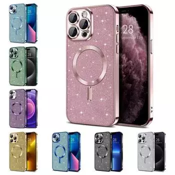 Чехол с блестками для iPhone 16 15 14 13 12 11 Pro Max Plus с покрытием Magsafe, мягкий чехол для беспроводной зарядки, слабая магнитная задняя панель iPhone 16 Pro Max чёрный