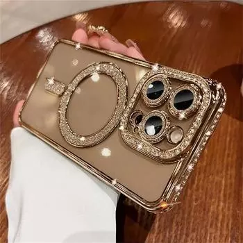 Чехол с блестками и стразами для беспроводной зарядки на магните для iPhone 16 15 14 13 12 11 Pro Max Plus, противоударный, украшенный драгоценными камнями iPhone 11 чёрный