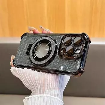 Чехол с блестками и водяной рябью Magsafe с отверстием под логотип для iPhone 14, 15 Pro Max, 13 Pro, складной чехол-держатель для iPhone 16 Plus, твердый чехол For iPhone 15 Plus