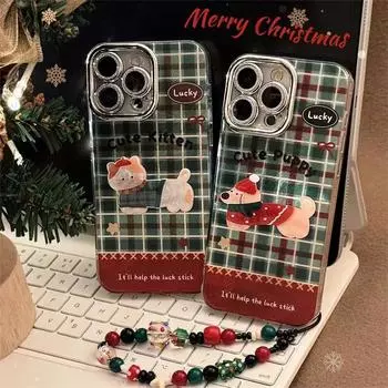 Чехол с блестящей пленкой для линз в рождественскую клетку с изображением щенка и котенка для iPhone 16 Pro Max 15 14 Plus 13 12 Pro 11, всеобъемлющий осенний чехол с рождественской цепочкой iPhone 16 Pro Max