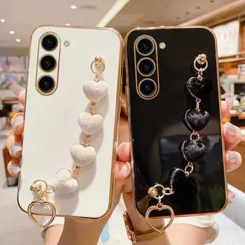 Чехол с браслетом Love Heart для Samsung Galaxy S24 S23 S22 S21 S20 FE Plus Ultra Note20 A14 A15 A55 A25 A24 A35 A34, чехол S24 чёрный