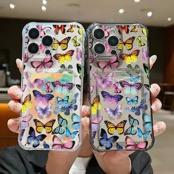 Чехол с цветным принтом бабочек и слотом для карт для iPhone 16 Pro Max 15 14 Pro 13 12 11, мягкий прозрачный силиконовый противоударный защитный чехол для телефона iPhone 16 серый