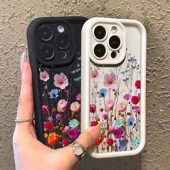 Чехол с цветочным принтом для iPhone 16 Pro Max 15 14 Plus 13 12 Pro 11 XR XS 8 7 цветов, матовый противоударный чехол для защиты линз, мягкий чехол из ТПУ iPhone 15 чёрный
