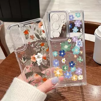Чехол с цветочным принтом для Samsung S25 S24 S22 Ultra Plus S23 S21 Fe A55 A54 A53 A35 A15 A56, прозрачный защитный силиконовый мягкий тонкий чехол для линз Samsung S25
