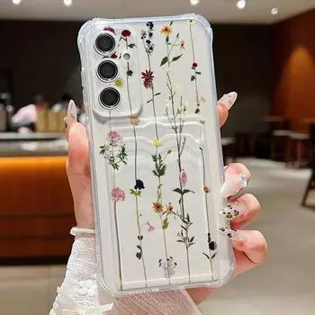 Чехол с цветочным принтом и слотом для карт для Samsung S24 FE S23 Ultra S22 Plus A16 A55 A35 A54 A15 A34, мягкий силиконовый противоударный тонкий прозрачный чехол для телефона Samsung S24 серый