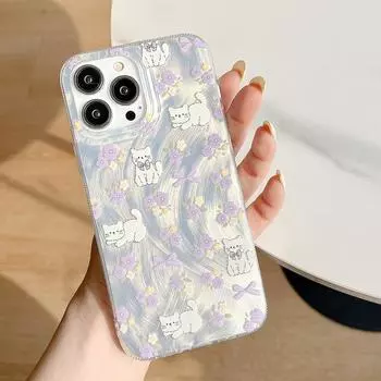 Чехол с фиолетовым цветком и котом для iPhone 15, 14, 13, 12, 11 Pro Max, пряжа с перьями, защитный чехол для телефона с большим отверстием For iPhone 15