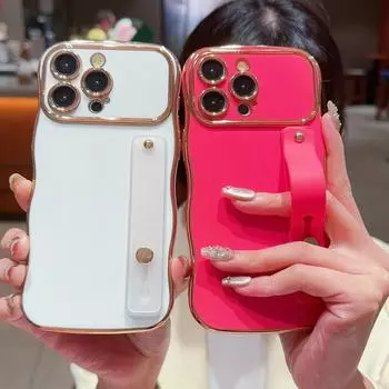 Чехол с гальваническим покрытием Wave Frame и полоской-кронштейном для iPhone 16 15 Pro 14 Plus 13 12 Pro Max 11, ударопрочный тонкий чехол из ТПУ iPhone 16 чёрный