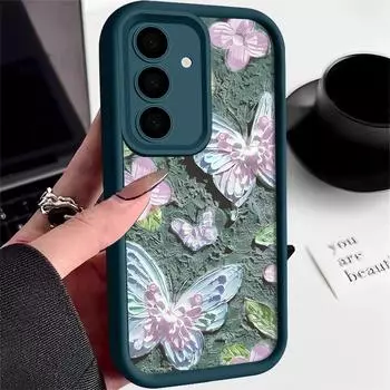 Чехол с бабочкой на масляной живописи для Samsung S25 S24 S22 Ultra Plus S23 S21 S20 Fe A55 A54 A53 A52 A35 A15 5g противоударный силиконовый мягкий защитный чехол для объектива Samsung S24 чёрный