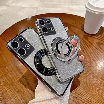 Чехол с магнитным держателем Magsafe для Infinix Note 30 Pro 4G 30i 12 Pro Spark 10 Pro 10C Hot 30 Play, роскошный противоударный чехол со вспышкой и блестками X6833B чёрный