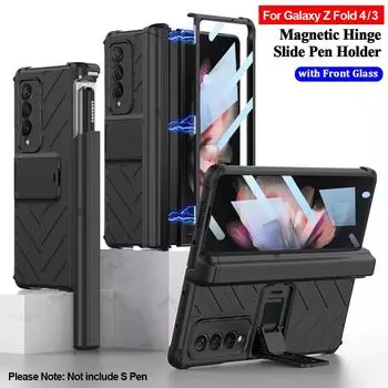 Магнитный шарнирный чехол для ручки-слайдера для Samsung Galaxy Z Fold 4 3 5g, чехол с передней стеклянной пленкой, подставка, жесткий чехол для ПК Z Fold3 Capa Case Only (No Pen) чёрный