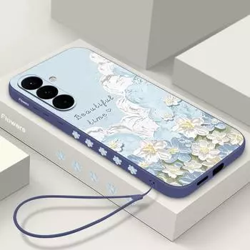 Чехол с масляной живописью и цветочным принтом для Samsung Galaxy S24 S22 Ultra Plus S23 S21 S20 Fe A55 A54 A52 A35 A15 5g с ремешком противоударный мягкий тонкий чехол из ТПУ Samsung S24 фиолетовый