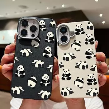 Чехол с матовой кожей и рисунком милых панд для iPhone 16 Pro Max 15 Pro 14 Plus 13 12 11 XS XR 8 7 TPU мягкий тонкий противоударный защитный чехол для телефона iPhone 16 чёрный