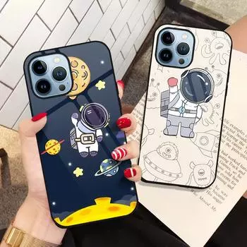 Чехол с милым астронавтом с рисунком для Iphone 11 14 13 12 Pro Max Mini Xs Xr X 7 8 6s Plus Se 2022, задняя крышка из закаленного стекла, чехол For iphone SE 2022