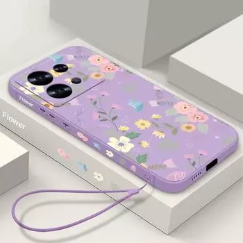 Чехол с милым цветочным узором для Xiaomi 13T 12T 11T Poco F6 X6 X5 X3 Redmi k70E Note 13 Pro 12 11 10 Pro Max, матовый противоударный мягкий чехол для телефона со шнурком Redmi Note 13 4G чёрный