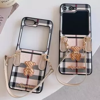 Чехол с милым мультяшным медведем для Samsung Galaxy Z Flip 5 4 3, чехол с ремешком, модный кожаный жесткий чехол в клетку Samsung Z flip 3 бежевый