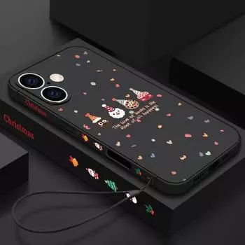 Чехол с мультяшным рождественским принтом для iPhone 16, 15 Pro, 14, 8, 7 Plus, 13, 12 Mini, 11 Pro Max, Xs, Xr, противоударный, с ремешком, мягкий, тонкий, защитный чехол для объектива из ТПУ iPhone 16 чёрный