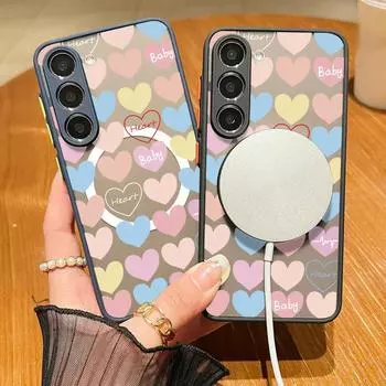 Чехол с принтом Candy Love Hearts для тонкого чехла Magsafe для Samsung S24 FE S23 S22 Ultra A15 A55 A54 A35 A14 A34 A52, противоударный, прозрачный, матовый, магнитный чехол для телефона Samsung S24 чёрный