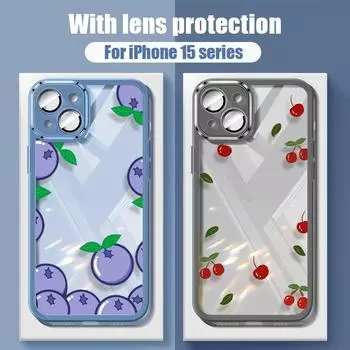 Чехол с принтом черники и вишни для iPhone 16 Pro 15 14 13 Pro Max 12, силиконовый противоударный прозрачный чехол с изображением летних фруктов iPhone 15 синий