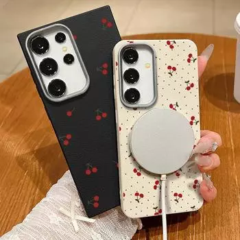 Чехол с принтом вишни из ТПУ и текстурой из кожи, тонкий, магнитный, для Samsung S25 Ultra S24 FE S23 S22 S21, беспроводная зарядка, матовый, противоударный, мягкий, чехол для телефона Samsung S25 чёрный/красный