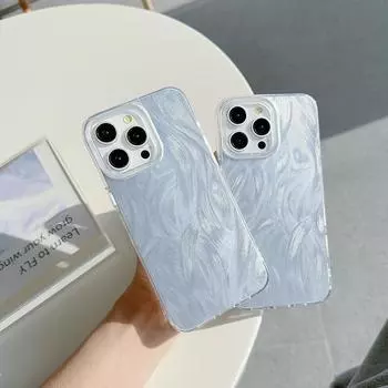 Чехол с прозрачной рамкой для Samsung S25 S24 Ultra A23 A55 A05s S21 FE iPhone 16 13 Pro Max Xiaomi Redmi Note 13 с текстурой перьев из шифона и серебряным покрытием for iPhone 6/6s