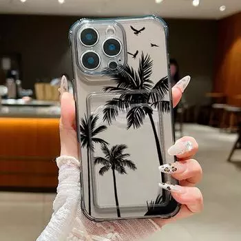 Чехол с прозрачным слотом для карт с узором из кокосовой пальмы для iPhone 16 Pro Max 16E 15 Pro 14 13 12 11, тонкий, ударопрочный, мягкий, силиконовый чехол для телефона iPhone 16E серый