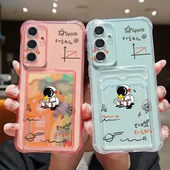 Чехол с прозрачным слотом для карт с рисунком астронавта для Samsung S24 FE S23 Ultra S22 A16 A55 A54 A35 A34 A15, мягкий силиконовый тонкий противоударный прозрачный чехол для телефона Samsung S24 серый