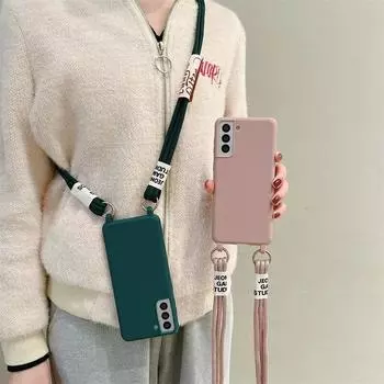 Чехол с ремешком через плечо и ожерелье для Samsung Galaxy S24 S23 S22 Ultra Plus S21 S20 FE A15 A25 A35 A55 A53 A52 A54 A14 A24 A34, силиконовый чехол iphone 7 8 темно-зеленого