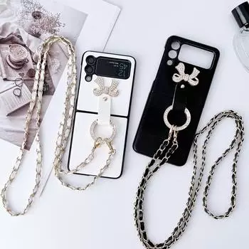 Чехол с ремешком с бриллиантовым кольцом и бантом для Samsung Galaxy Z Flip 4, 5 г, складной кожаный чехол для телефона, противоударные чехлы для Flip3 Flip 3 p50pocket чёрный