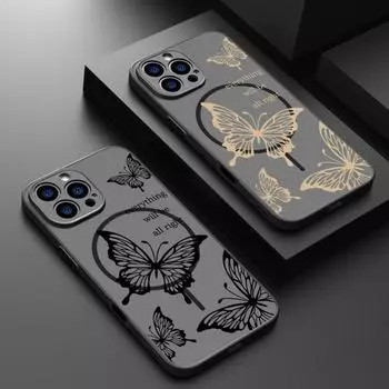 Чехол с магнитным креплением для беспроводной зарядки с узором бабочки для iPhone 16E 16 Pro Max 15 Pro 14 13 для Magsafe с мягкими краями, противоударный, матовый, прозрачный чехол для телефона iPhone 16E чёрный