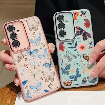 Чехол с рисунком бабочки и защитной пленкой для объектива для Samsung S24 S22 Ultra Plus S23 S21 S20 Fe A53 A52 A54 A34 5g тонкий силиконовый мягкий прозрачный чехол Samsung S24 чёрный