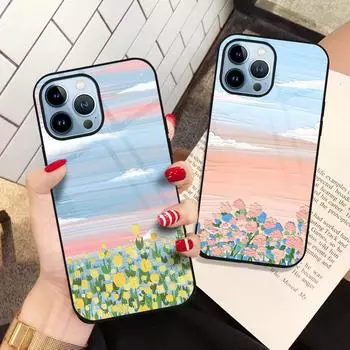 Чехол с рисунком цветочного пейзажа для Iphone 14 13 11 12 Pro Max Mini Xs Xr X 7 8 6s Plus Se 2022, роскошный чехол из закаленного стекла, чехол For iphone 8