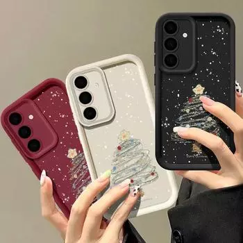 Чехол с рисунком мультяшной рождественской елки для Samsung S25 S24 Fe S23 S22 Ultra S21 A55 A54 A34 A35 A15 A14, противоударный, мягкий силиконовый чехол для защиты объектива Samsung S24 FE чёрный