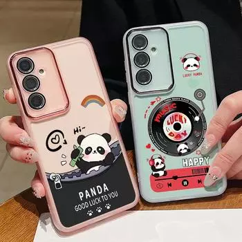 Чехол с рисунком панды и защитной пленкой для объектива для Samsung S24 S22 Ultra Plus S23 S21 S20 Fe A53 A52 A54 A34 5g, противоударный, мягкий, прозрачный силиконовый чехол Samsung S24 чёрный