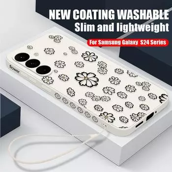 Чехол с рисунком ромашки и ремешком для Samsung Galaxy S24 S23 Ultra A55 A54 A53 A35 A15 5G Тонкий противоударный чехол из ТПУ с маленьким цветочным принтом для телефона Samsung A23 4G синий
