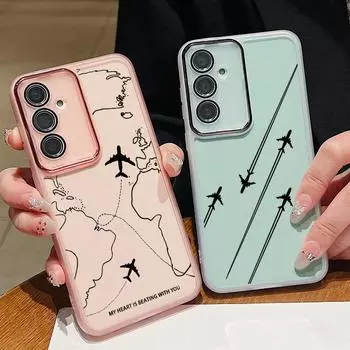 Чехол с рисунком самолета и защитной пленкой для объектива для Samsung S24 S22 Ultra Plus S23 S21 S20 Fe A53 A52 A54 A34 5g силиконовый мягкий прозрачный чехол Samsung S24 чёрный