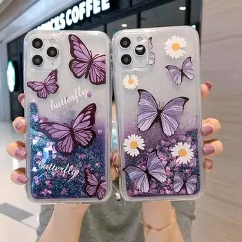 Чехол с рисунком зыбучих песков и бабочек для iPhone 15 14 Pro Max Samsung S23 Ultra A14 Xiaomi Redmi Note 12, прозрачный чехол Samsung A14 5G фиолетовый