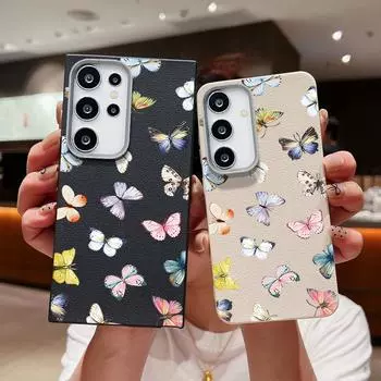 Чехол с текстурой из кожи и красочным узором в виде бабочек для Samsung S24 S22 Ultra S23 S21 S20 Fe A55 A54 A53 A52 A35 A34 A15, ударопрочный, мягкий, тонкий чехол из ТПУ Samsung S24 FE чёрный