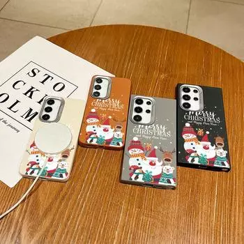 Чехол с текстурой из кожи и новогодним рождественским узором для Samsung S24 S22 Ultra S23 S21 S20 Fe для Magsafe Magnetic Square Shockproof Tpu Soft Slim Cover Samsung S24 FE чёрный