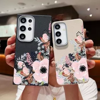 Чехол с текстурой из кожи и узором в виде китайской розы для Samsung S24 S22 Ultra S23 S21 S20 Fe A55 A54 A53 A52 A35 A34 A15, противоударный, мягкий, из ТПУ, тонкий чехол Samsung S24 FE чёрный