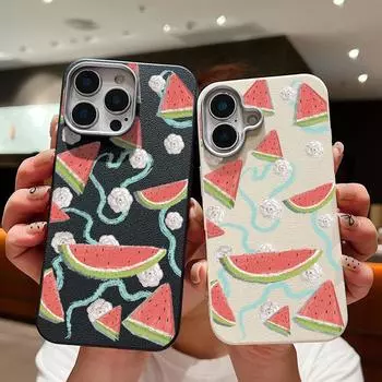 Чехол с текстурой из кожи с принтом арбуза для iPhone 16 Pro Max 15 Pro 14 Plus 13 12 11 XS XR 8 7 TPU матовый мягкий противоударный защитный чехол для объектива телефона iPhone 16 бежевый
