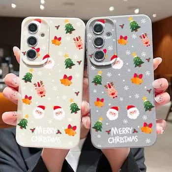 Чехол с текстурой из кожи с принтом лося на Рождество для Samsung S24 FE S23 Ultra S22 A55 A16 A54 A15 A35 A34, противоударный мягкий чехол из ТПУ с изображением Санта-Клауса Samsung S24 чёрный