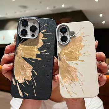 Чехол с текстурой из кожи с золотым узором в виде бабочки для iPhone 16 Pro Max 15 Plus 14 Pro 13 12 11 XS XR 8 7 TPU тонкий мягкий противоударный защитный чехол для телефона iPhone 16 бежевый