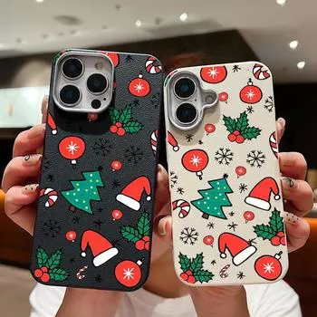 Чехол с текстурой кожи для iPhone 16 15 Pro 14 13 12 11 Pro Max Xs Max Xr 8 7 6 Plus с рисунком рождественской шапки, противоударный, мягкий, из ТПУ, тонкий чехол iPhone 16 бежевый